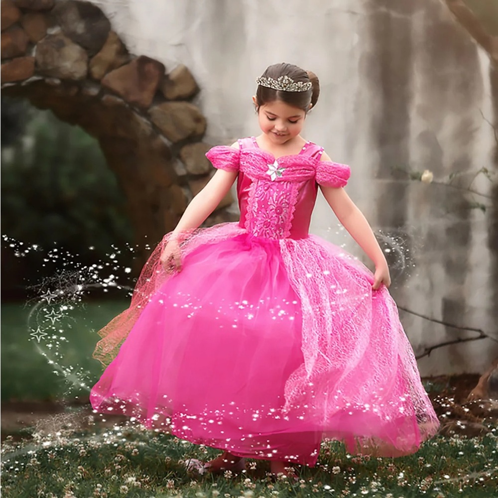 Vibrant Pink Theater Dress with Glittery Accents and Puff Sleeves